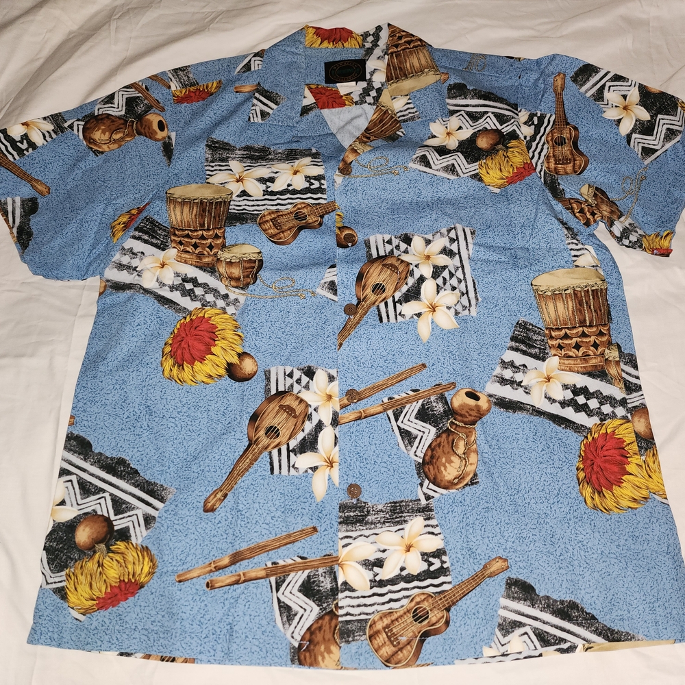 Hawaiian Collection Reserve Blue Shirt with Musical Instrument Print Size Medium